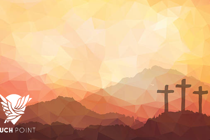 God's grace is unstoppable Touchpoint, watercolor image of three crosses on Calvary