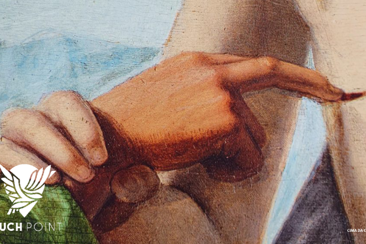 Doubting Thomas Touchpoint; close up image of Cima da Conegliano's masterpiece with Thomas's finger in Jesus's wound.