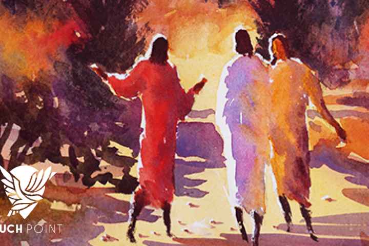 Faith Journey Touchpoint, watercolor image of Christ walking with Cleopas and friend to Emmaus