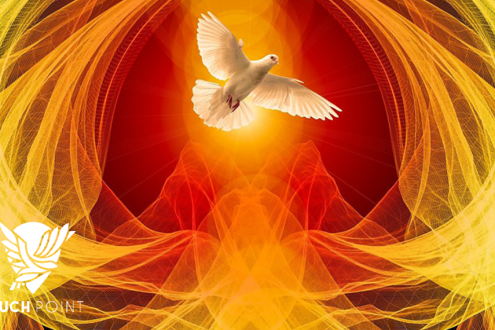 The Pentecost Story Touchpoint; image of a white dove in swirling orange flames background