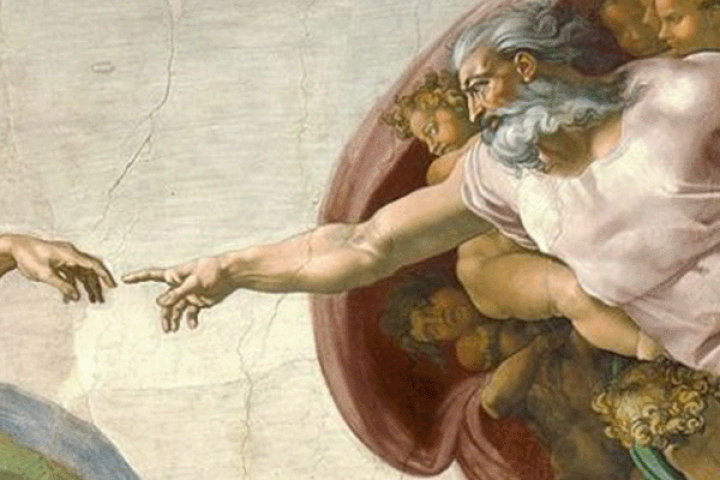 Created in the Image of God Touchpoint; detail of Michelangelo's God touching Adam's finger