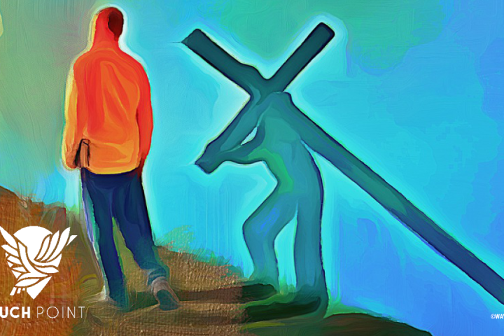 Take Up Your Cross Toucnpoint; image by Wayne Pascall of a man whose shadow is carrying a cross