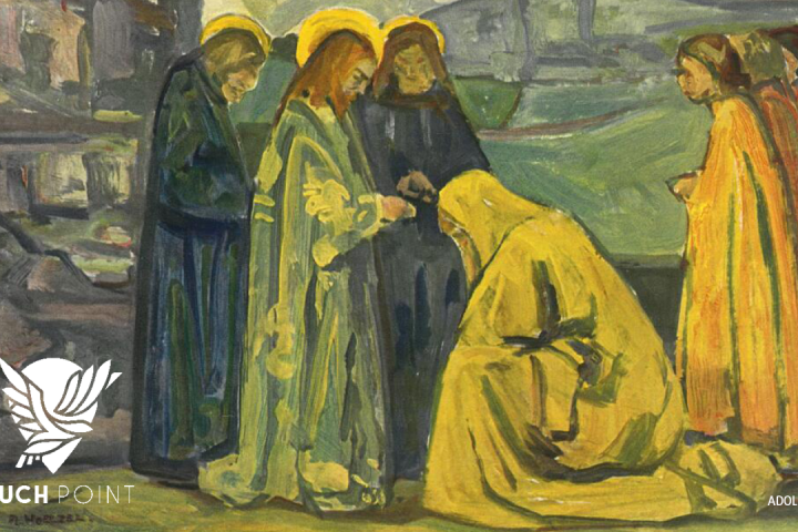 Touchpoint: Led by the Spirit; image of Canaanite woman kneeling at Jesus' feet by Adolf Holzel