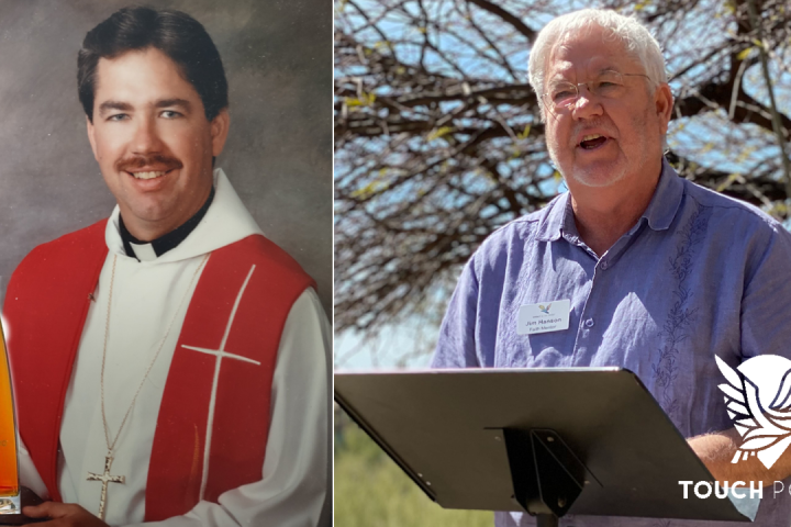 Touchpoint: Thank You. Image of Jim Hanson as young seminary graduate and preaching at Spirit in the Desert decades later.