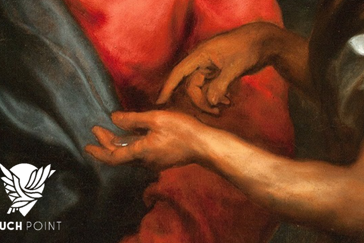 Touchpoint: Parable of the Talents; closeup image of old masters painting of hand holding gold coins