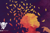 Touchpoint: Your true self. Watercolor image of butterflies flying out of a woman's head