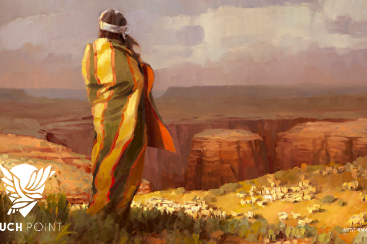 Touchpoint "Good Shepherd"; watercolor painting by Steve Henderson of Native American watching his sheep near the Grand Canyon