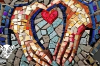 Touchpoint: Abide in My Love; mosaic image of two hands folding a heart