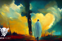 Touchpoint: Eternal Life. Watercolor of Jesus walking into heart-shaped clouds with cross in the distance