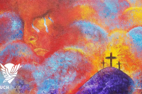 Touchpoint: For God So Loved the World; watercolor image by Cassie Padilla of three crosses on Calvary with God crying in the background