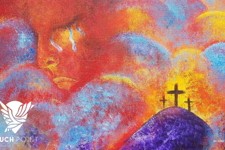 Touchpoint: For God So Loved the World; watercolor image by Cassie Padilla of three crosses on Calvary with God crying in the background