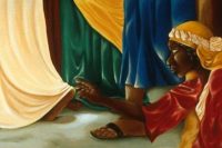 Touchpoint: The Other Side; image portrays a black woman on her knees reaching to touch the cloak of Jesus