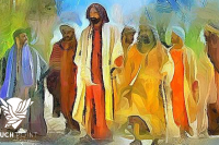 Touchpoint: Jesus Sends Out the Twelve. Image is watercolor painting by Wayne Pascall of Jesus and his disciples,