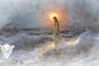 Touchpoint: Jesus Walks on Water; watercolor painting by Jay Bryant Ward of Jesus walking on turbulent water