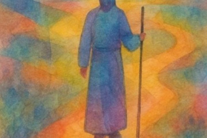 Colorful watercolor of Jesus walking a path.